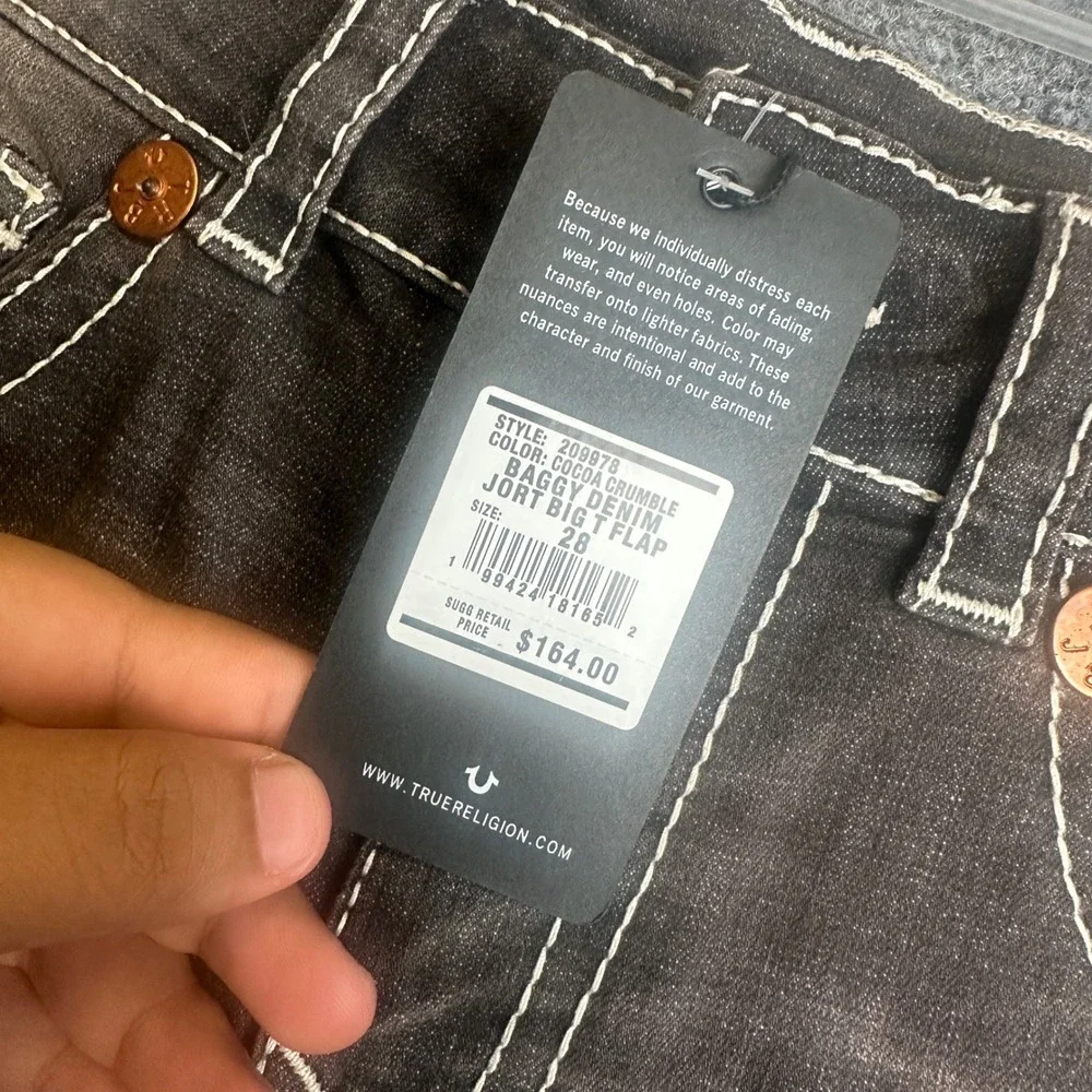 True Religion Baggy Denim Jort Mens 28 Black Cocoa‎ Crumble Big T Flap NWT